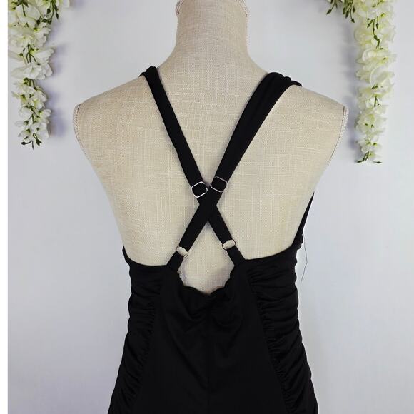 Halter Bodycon Dress XL Black Ruched Side Plunge Neck Stretch Y2K Goth Clubwear - Picture 6 of 13